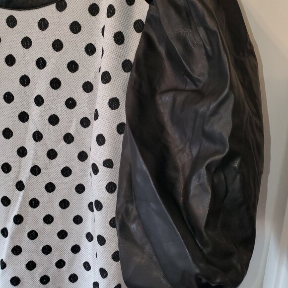 New York & Co. Black Polka Dot Print-Faux Leather Sleeves Shift Dress-Sz Large - Picture 4 of 8